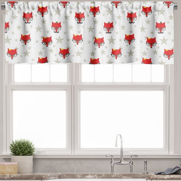 Ambesonne Cartoon Valance Pack of 2, Hipster Foxes Hats, 54"X12", Coconut Scarlet and Grey