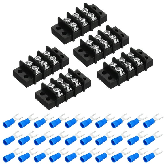 Uxcell 5Pcs Terminal Block 300V 20A Dual Rows 3P Terminals Barrier PA66 with 30Pcs 16A Heat Shrink Wire Fork Connectors