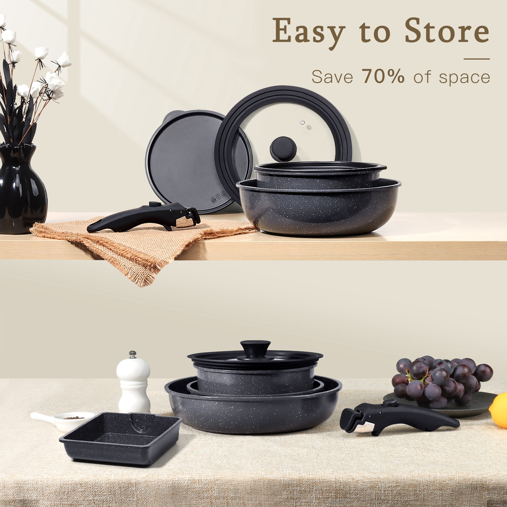 GIPP 17 Piece Ceramic Nonstick Pots and Pans Set,Cookware Set with Detachable Handles, Oven Dishwashers Safe,Induction Compatible,RV Kitchen Cooking Set
