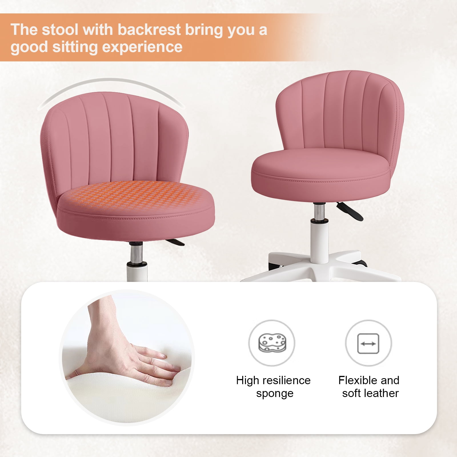 Small Round Rolling Chair with Back PU Leather Height Adjustable，Swivel Vanity Work Computer Stool for Girls and Women，Pink