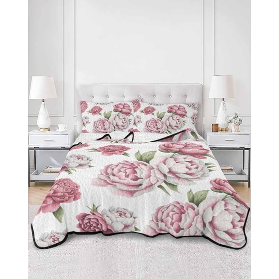 Quilts Queen Size, Pink Floral Soft Comforter Bedding Set for Bed, Spring Summer Modern Flower Leaf Lightweight Quilted Bedspread with Pillow Cover(2 Pieces) for All Season, 90x96 Inch