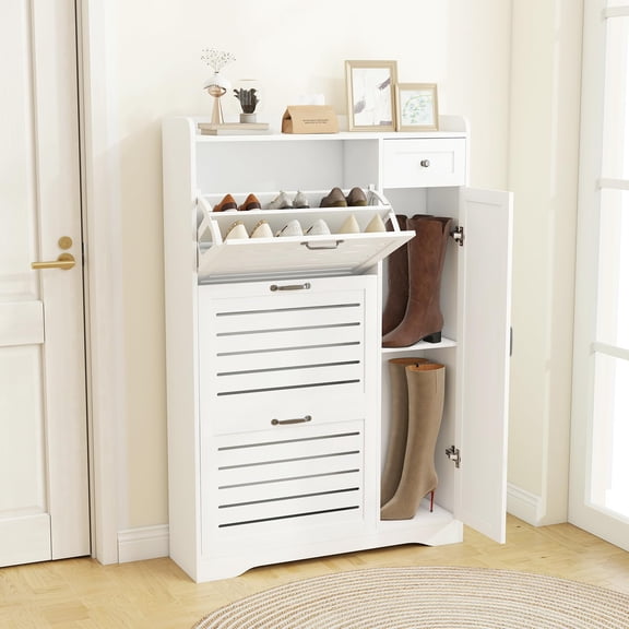 Danpinera Home 3-Tier Flip Drawer Shoe Cabinet, Slim White Entryway Shoe Storage with Adjustable Shelves & Drawer, Narrow Freestanding Organizer for Closet & Hallway