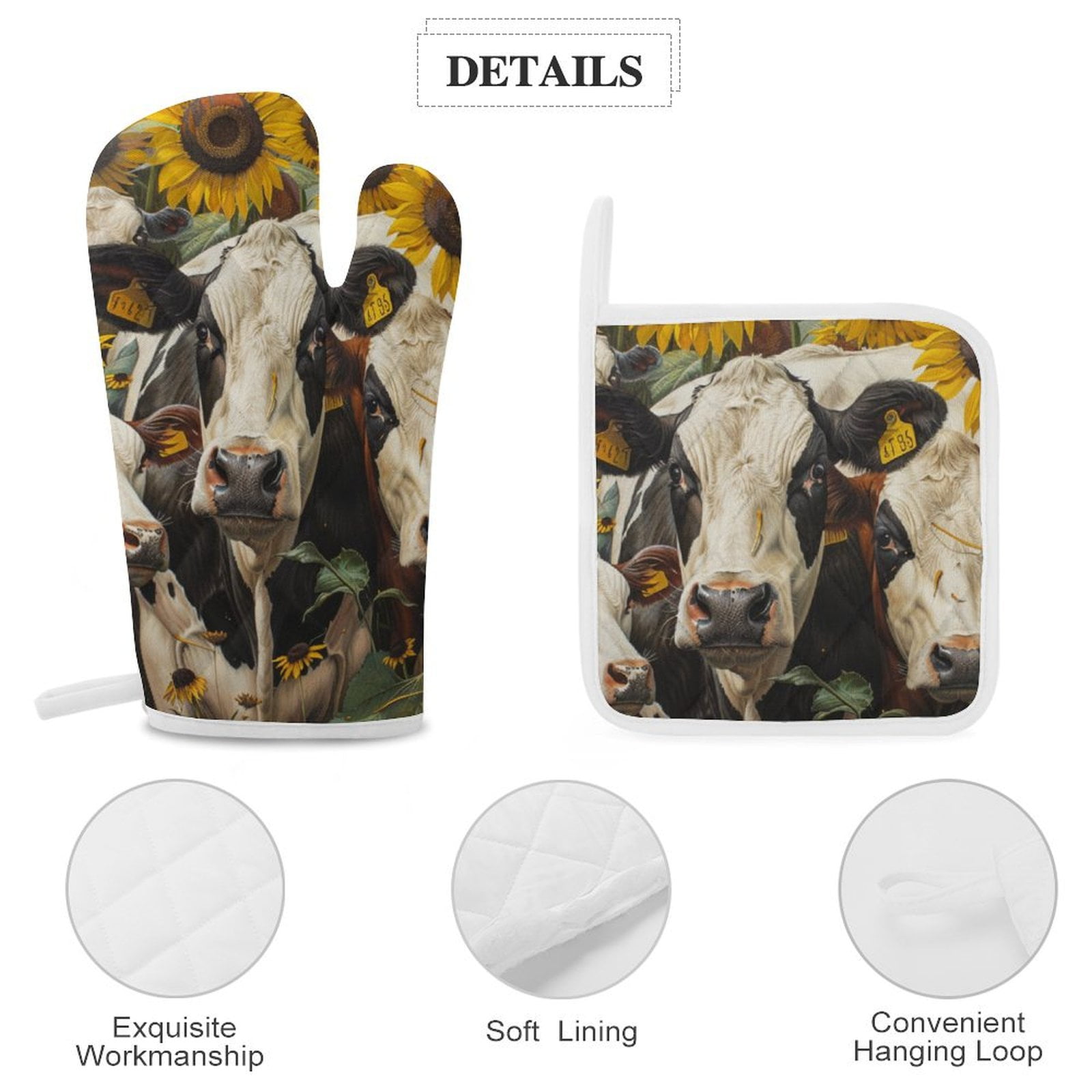 Farm Cows Oven Mitts And Pot Holders Sets of 4 Oven Gloves Set Potholders for Kitchen Cooking Baking Grilling Anti Scald Hot Pads And Heat Resistant