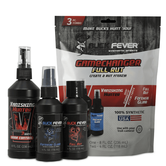 Buck Fever Gamechanger Full Rut Scent Pack – Synthetically Formulated 3-Piece Deer Scent Attractant Combo w/ Vanishing Hunter 8oz, Full Rut 4oz & Forehead Gland 4oz - Fresh, Non Spoiling Deer Lure