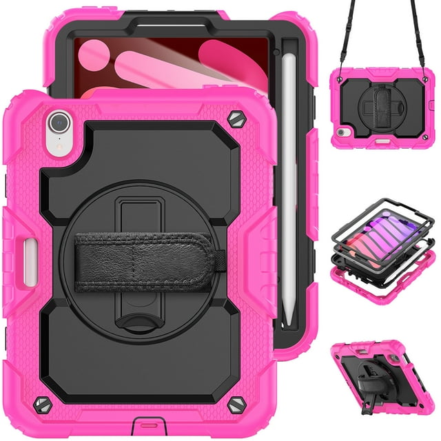 Case for iPad Mini 7 A17 Pro 2024/Mini 6 2021 8.3 Inch 7th/6th Gen with Screen Protector, 360 Degree Rotating Kickstand Hand Strap Shockproof Cover with Shoulder Strap, Rose