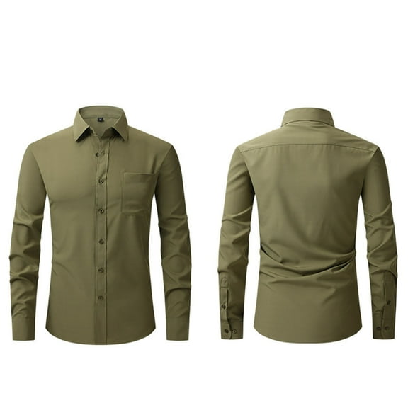 Men's Dress Shirts Solid Long Sleeve Stretch Wrinkle-Free Formal Shirt Business Casual Button Down Shirts Army Green S