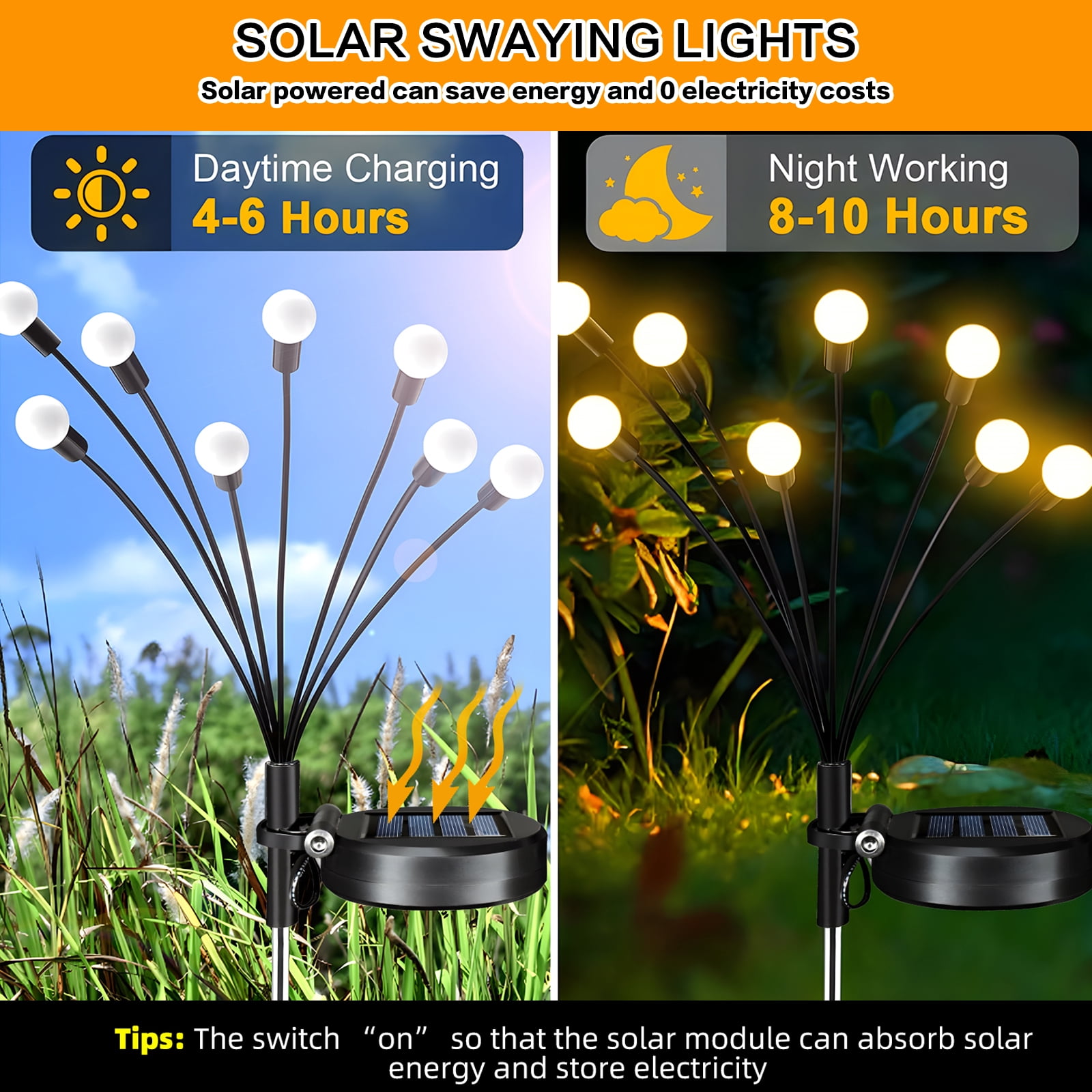 YTKUS Solar Garden Lights Outdoor Waterproof 2 Lighting Modes 6 pack 32 LED Solar Swaying Lights Firefly Path Lights Warm White