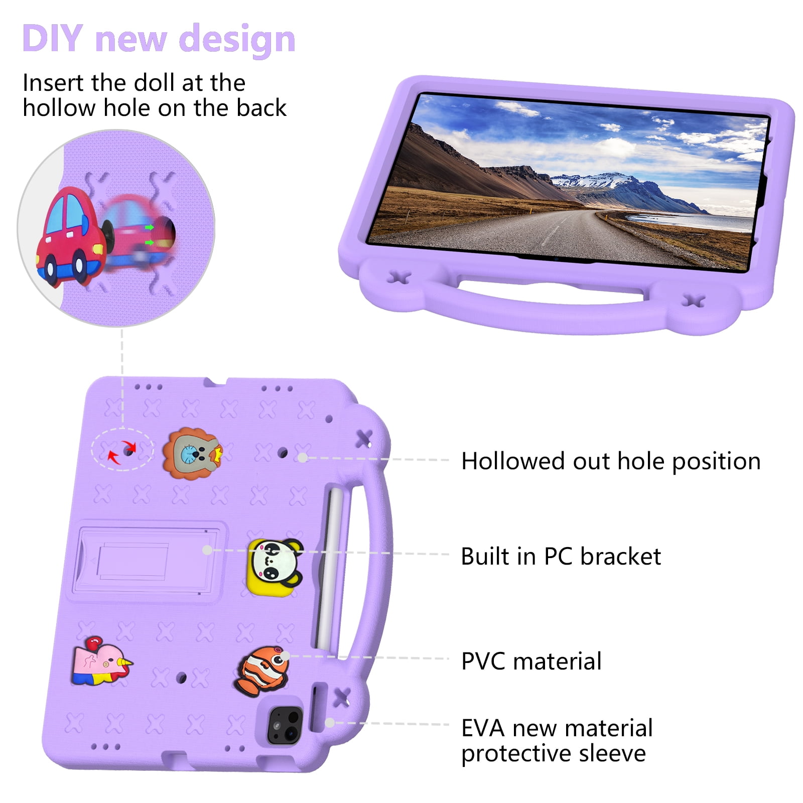 Nalacover Cartoon Handle Case for Apple iPad Air 11 inch 2024 Case, EVA Foam Cute Pattern with Pencil Holder Kickstand Cute Shockproof PC Case for iPad Pro 11 inch 2024, Lightpurple