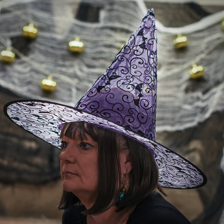 Purple Glitter Mesh Witch Hat Felt Black Bat Wizard Halloween Costume Party Hats Purple Glitter Mesh Witch Hat Felt Black Bat Wizard Halloween Costume Party Hats