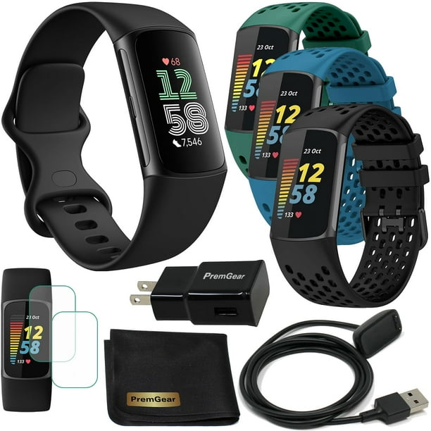 Reloj Fitbit Charge 6 Fitness Tracker Con Aplicaciones De Google (Negro) Paquete Con Cómodas Correas De Silicona Premgear 3 Cable De Carga De 3 Pies Adaptador Protectores De Pantalla Y Tela