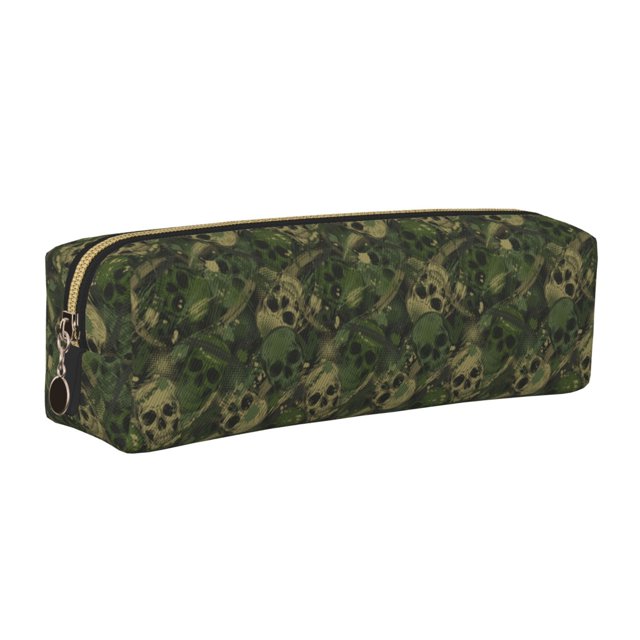 Disketp Green Camouflage Skull Estuche de Lápices de Cuero con Cierre, Estuche Compacto para Papelería, Bolígrafos y Accesorios Pequeños