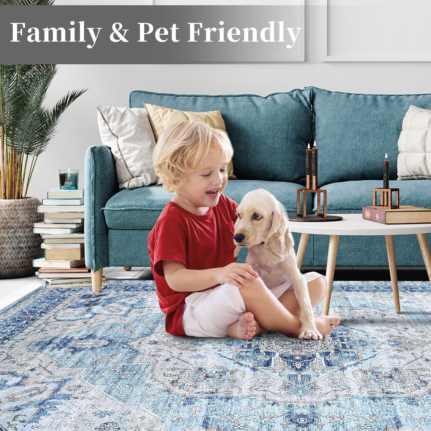 FairOnly 9'x12' Blue Machine Washable Living Room Area Rugs Boho Vintage Rugs for Bathroom Indoor Floor Non Shedding Rugs Home Office Carpet