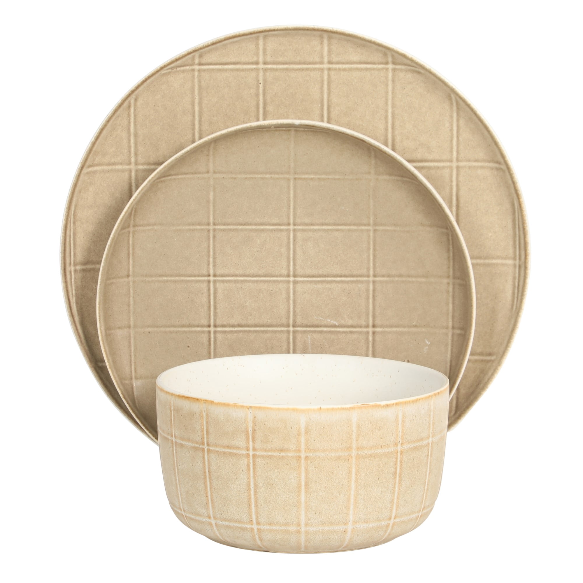 Gisbon Elite Butterwick 12 Piece Plates and Bowls Stoneware Dinnerware Set - Brown Blush Pink Reactive Glaze Patterned Dishes - Microwave and Dishwasher Safe