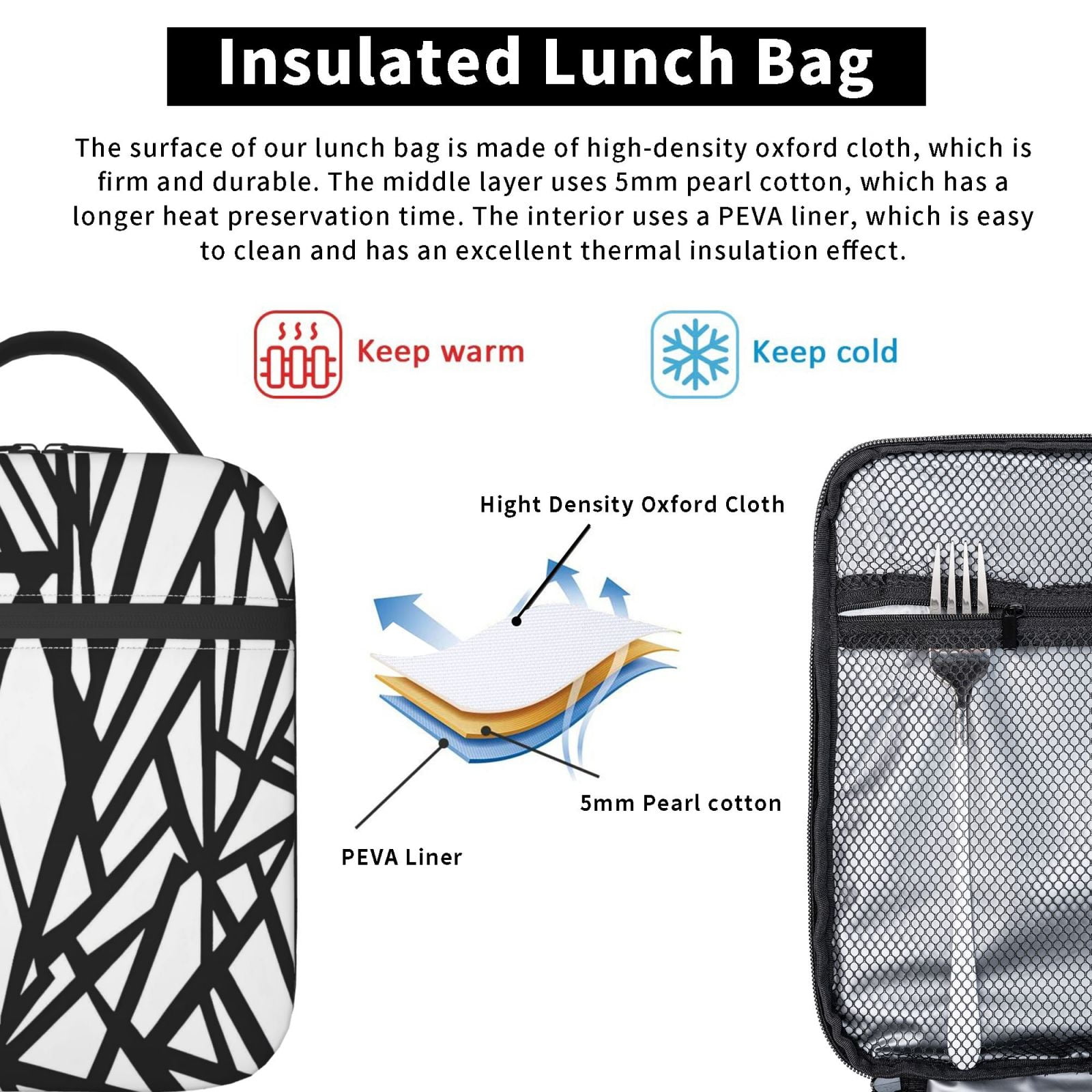 Lunch Bag For Women Men Insulated Portable Lunch Box Bento Box Office Picnic Travel Cooler Bag Black Geometric Lines_4