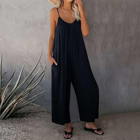 Limited Time Savings  Women s Summer European Solid Pocket Casual Jumpsuit  Sling Bag  Lightweight  Solid Color  Comfortable Fit  Versatile  Daily Wear  Easy to Care | Sopatenor  Navy XL