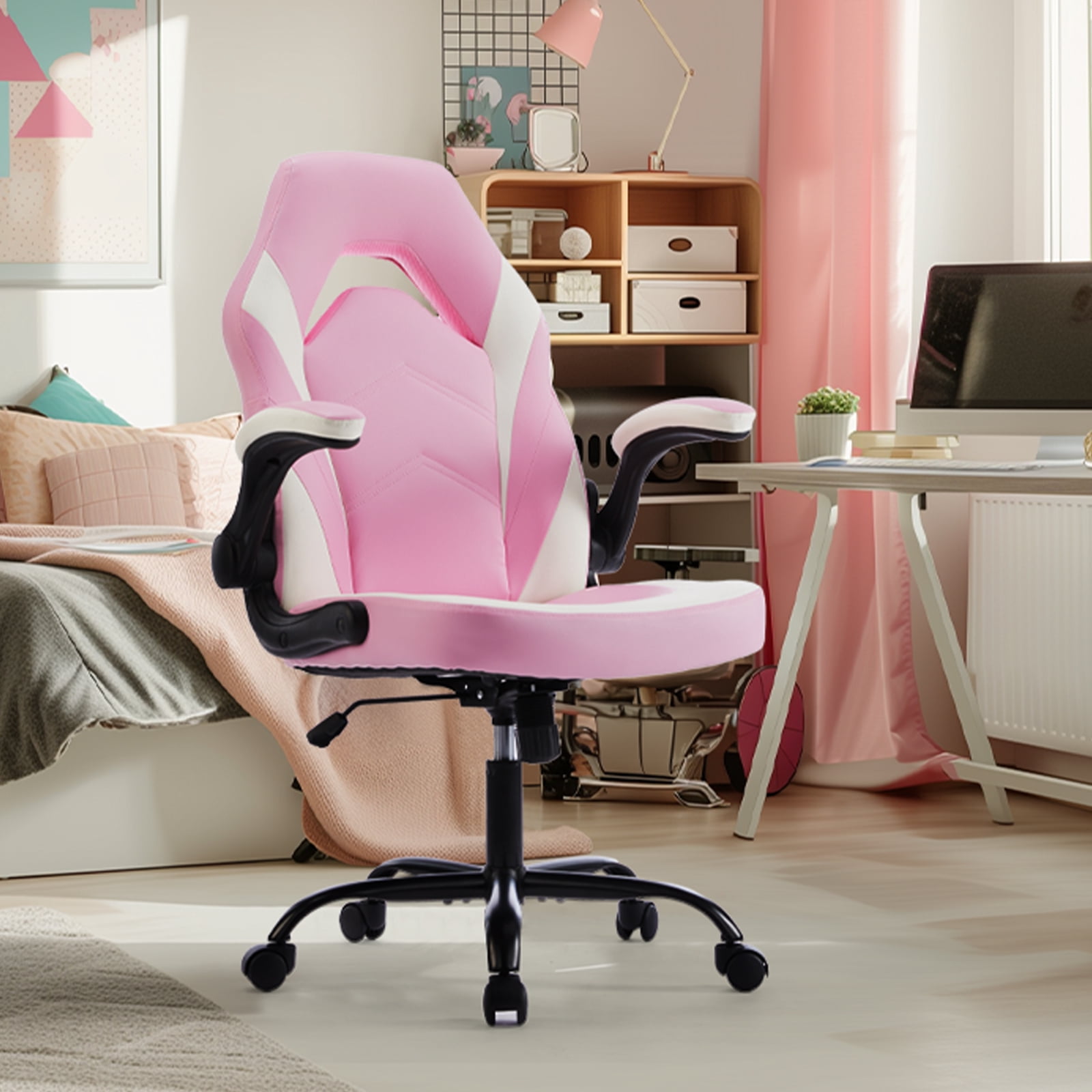 GIANNA Computer Gaming Desk Chair, Ergonomic Office Executive Adjustable Swivel PU Leather Racing Chair with Flip-up Armrest, Pink White