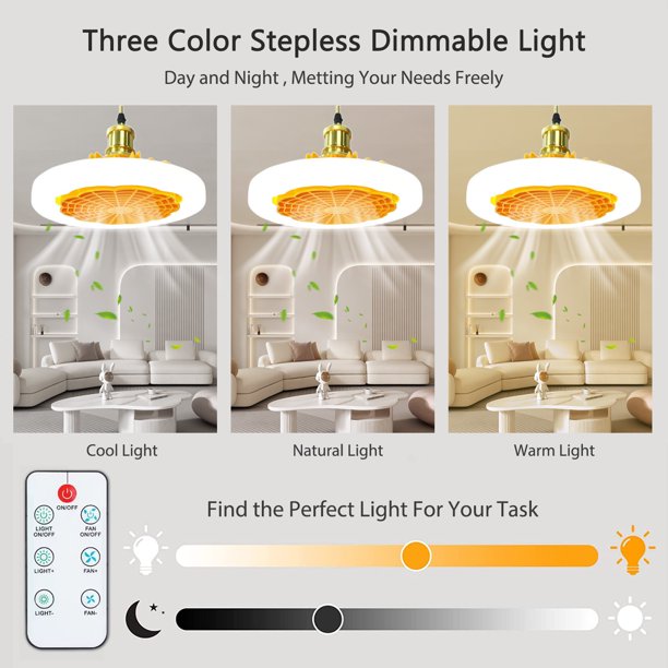 Mini ventilador lámpara E27 LED tornillo ventilador luz 30 W 3 velocidades para sala de estar (naranja)