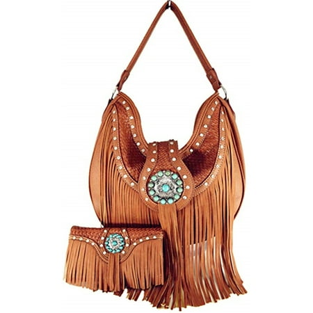 Western Fringe - Western Cowgirl Concealed Carry Fringe Concho Agate Handbag Hobo Shoulder Handbag With Matching Wallet In Tan
