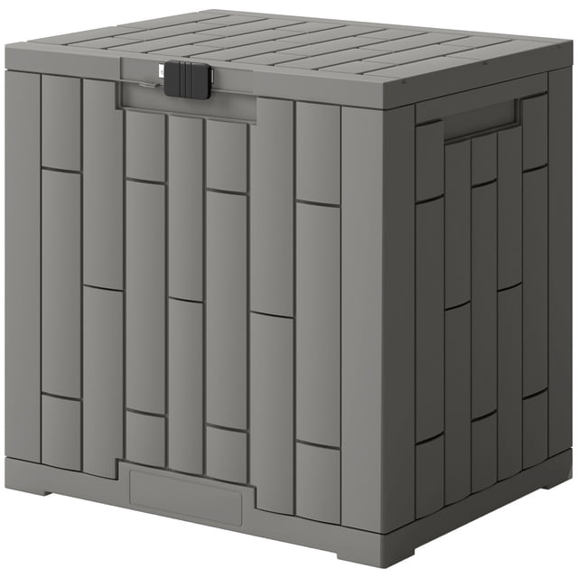 Coffre de Terrasse en Résine de 30 Gallons, Contenant de Rangement Extérieur Gris à Motif Grain de Bois, Coffre de Patio Résistant aux UV et aux Éclaboussures avec Couvercle Verrouillable et Poignées pour Jardin, Balcon et Cour Arrière, 22 Pouces L x 21,3 Pouces H
