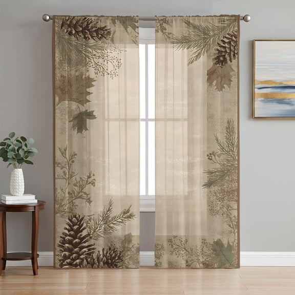 Fall Forest Pine Sheer Curtains 72 Inch Length 2 Panels Set, Autumn Vintage Pine Cones Botanical Voile Window Treatment Rod Pocket Curtains Sheers Drapes for Bedroom/Living Room/Kitchen 52"x72"x2