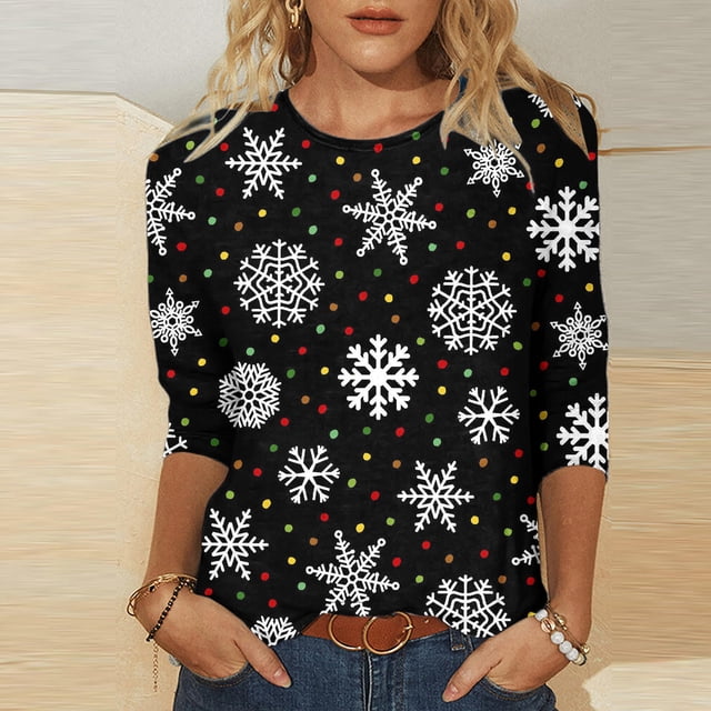 Pntutb Moda Mujer Chriatmas Impreso Camiseta 3/4 Mangas Blusa Cuello Redondo Casual tops Pntutb Pntutb-593