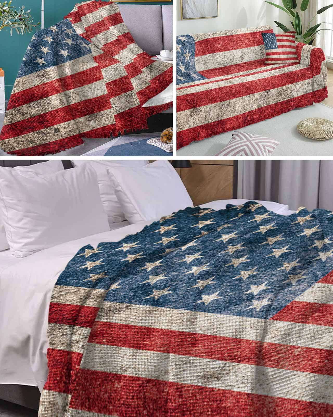 American Flag Sofa Covers for 3 Cushion Couch,Washable Sectional & L Shape Couch Covers for Dog/Cat/Kid,Rustic Chic Red Blue Star Stripes Non Slip Sofa Slipcover Tassel Futon Cover 71''x150''