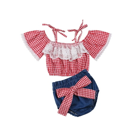 

One opening 2Pcs Baby Summer Tracksuits Plaid Lace Tops + High-Waist Shorts
