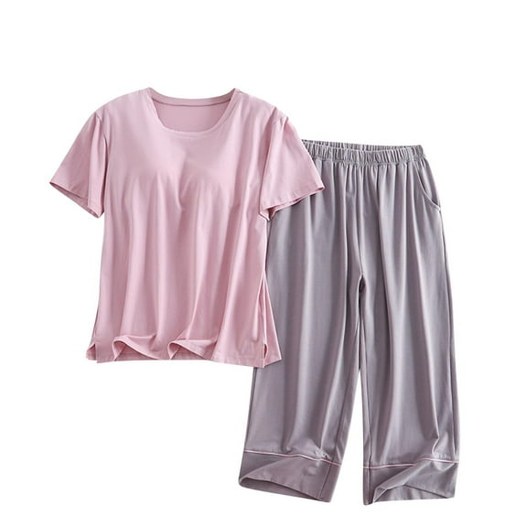 Women's Pajamas Sets Loose Crewneck Short Sleeve Top with Capri Pants Set Comfy Summer Sleepwear Soft Loungewear