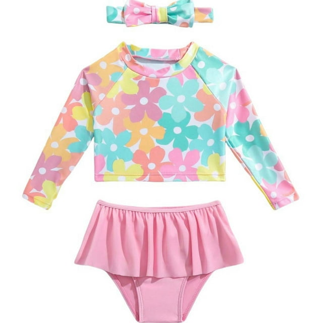 MEZZALL Girls Swimsuit Long Sleeve 2PCS Bow Knot Swimwear Rash Guard Ruffle Rare Hem Versatile Toddler Beachwear, Pink, 2
