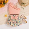 thumbnail image 2 of KPOPLK Toddler Baby Girl Summer Outfits Clothes Solid Color Waffle Sleeveless Ruffle Tank Tops Shorts Set Cute Infant Clothes(5-6 Years,Light Pink), 2 of 9