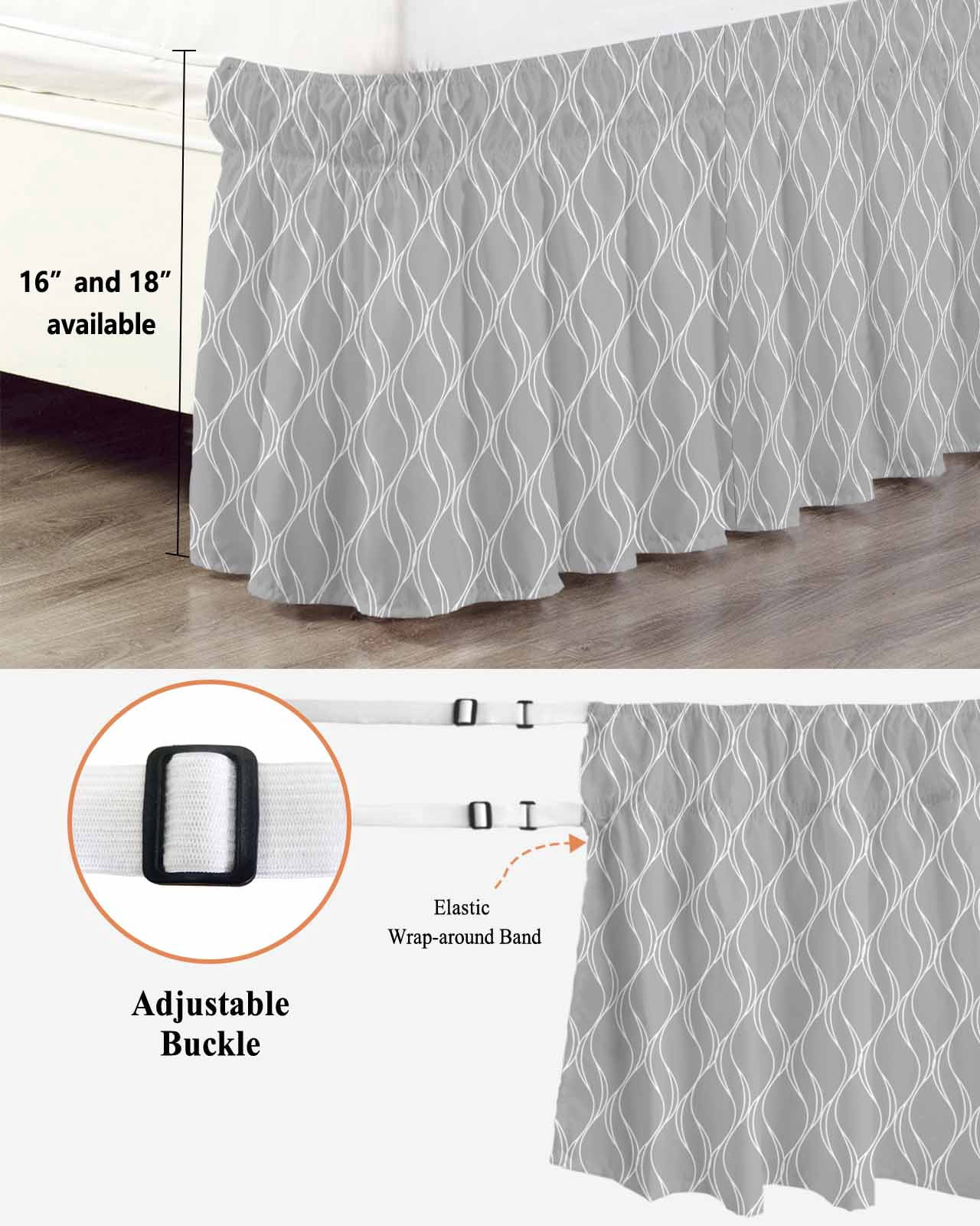 Grey White Stripes Wrap Around Bed Skirts for Queen Bed 16" Drop,Bed Skirt with Adjustable Elastic Belt Dust Ruffle Bed Valance for Bedroom Hotel Simple Geometric Modern Monochrome Bed Frame Cover