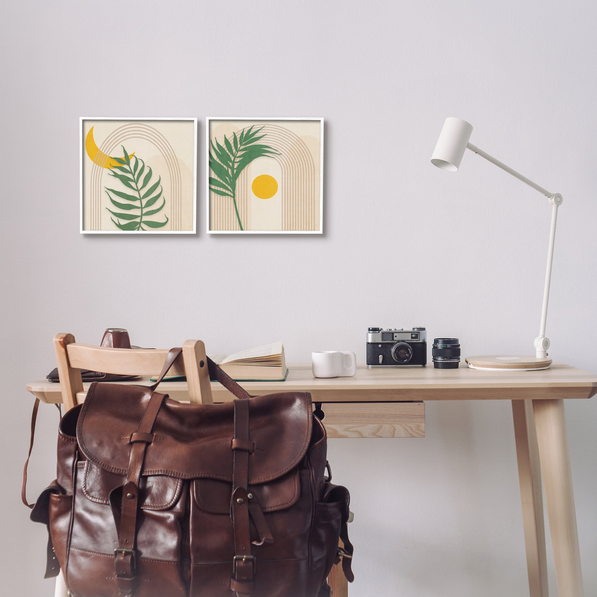 Stupell Industries Modern Fern Moon & Sun Botanical & Floral Painting White Framed Art Print Wall Art, 12 x 12, Set of 2