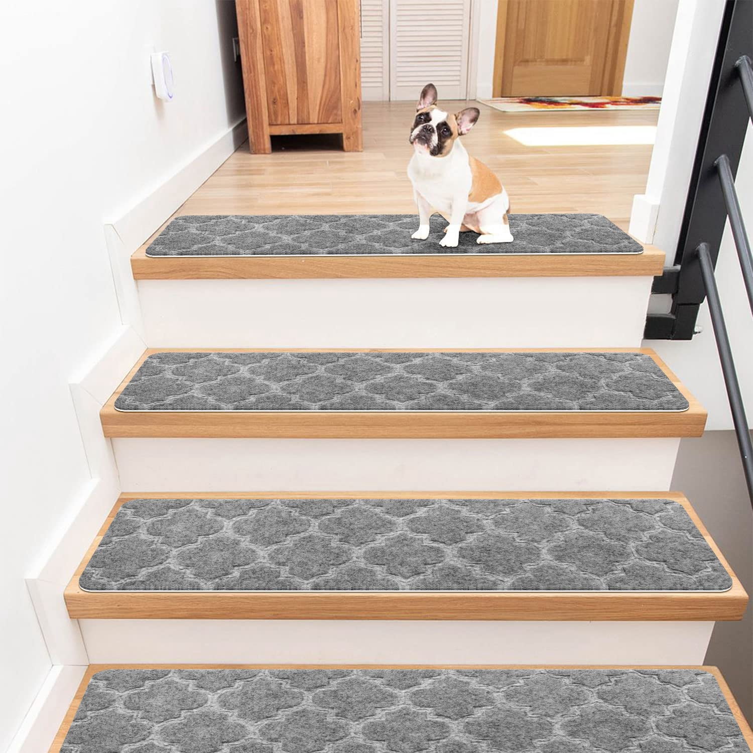 Kaskawise Non Slip Stairs Carpet Tape for Hardwood Floors, Peel and Stick Stair Mat Cover with Adhesive Set of 15, Gray Self Adhesive Indoor Carpet Stair Treads Retrofit Stair Rug, 8"x30"