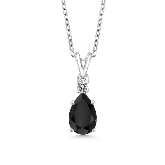 Gem Stone King 925 Sterling Silver Black Onyx and White Diamond Pendant Necklace for Women (1.35 Cttw, Gemstone December Birthstone, Pear Shape 9X6MM, with 18 inch Chain)