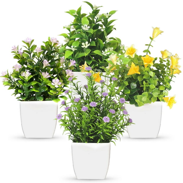 Semfri 4Pcs Small Plastic Plants with white flower pots, featuring artificial lilac green plants. Includes four distinct designs: eucalyptus trumpet plant, bean leaf grass flower, magnolia grass lilac, and rosemary full of stars. Each plant is 7.1 inches tall and 3 inches wide, made of durable plastic with a realistic appearance. Ideal for indoor home, office, bathroom, or farmhouse decoration.