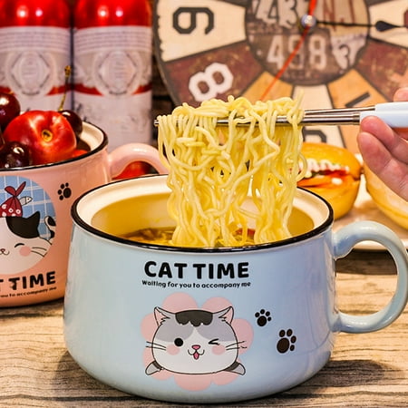 

Riguas 1 Set 1020ml Cereal Bowl Exquisite Pattern Adorable Appearance Large Capacity Heat-Resistant Multipurpose Decorative Ceramic Instant Noodle Bowl with Ergonomic Handle Lid Kit Kitchen Tools