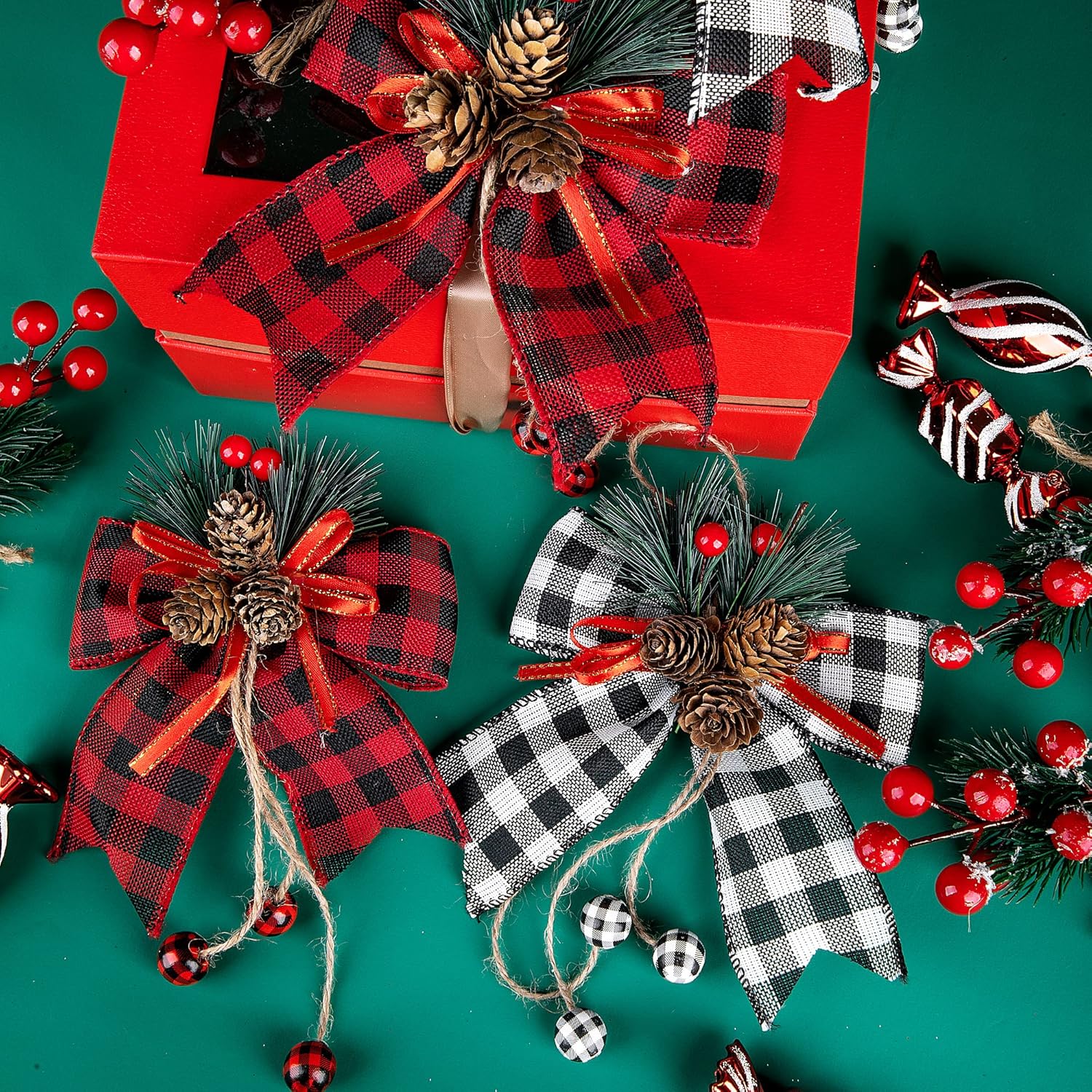 Ebaokuup 6 Pcs Christmas Burlap Plaid Bows with Pine Cones Pine Needles, Large Christmas Decoration Buffalo Plaid Bows, Xmas Wreath Bow Buffalo Check Bow for Holiday Crafts Home Party Tree Decor