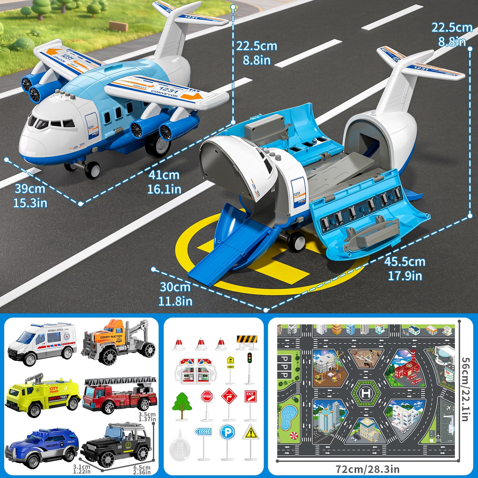 Lucky Doug Plane Toys for Toddlers Ages 1-6, Toddlers Airplane Playset with 10 Cars Toys, Light & Sound, Toys for 3-6 Years Old Boys Gifts