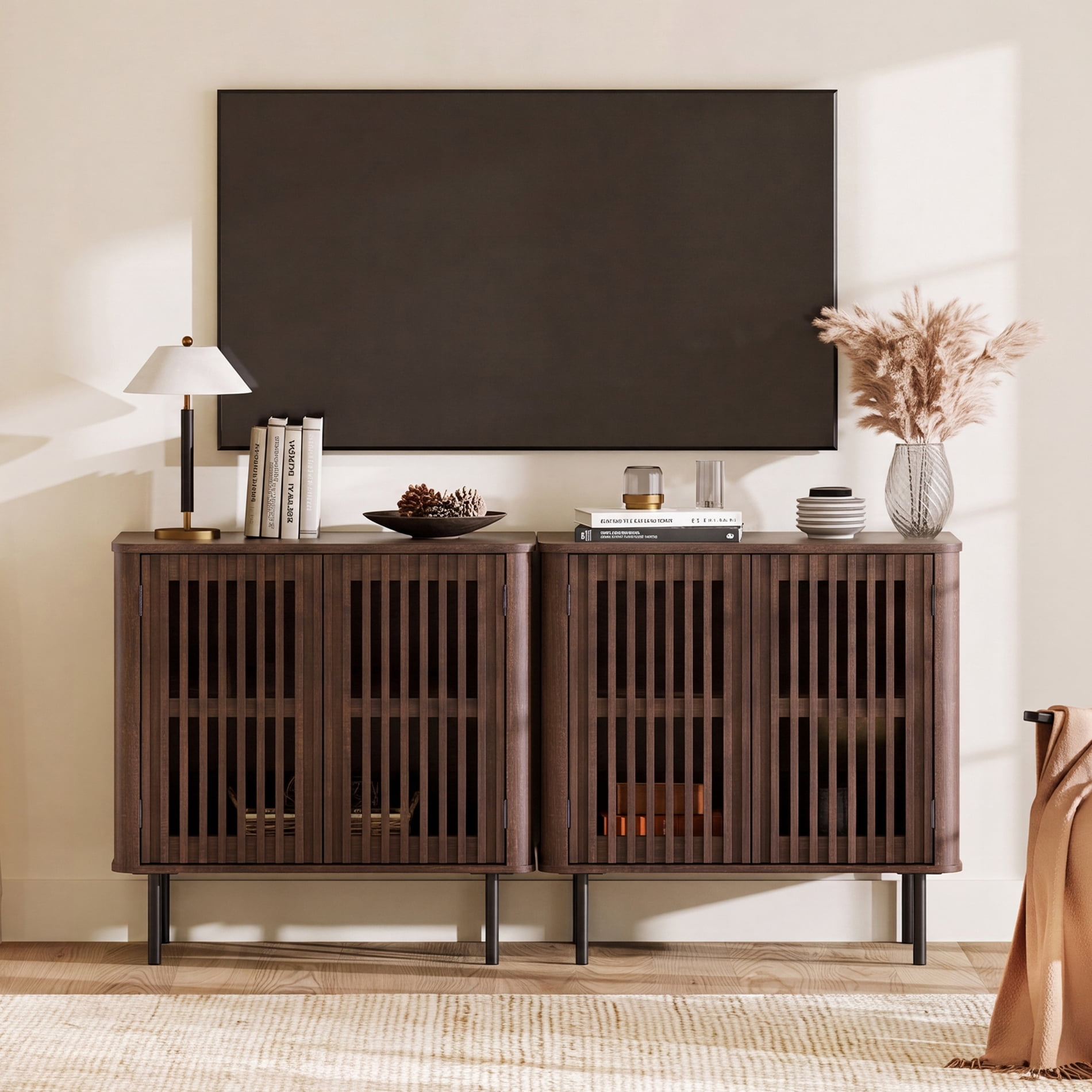 63" Mid Century Modern Sideboard Buffet Cabinet with Storage,Fluted Sideboard Cabinet with Adjustable Shelf, Walnut