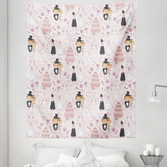 Pink Tapestry, Hand Drawn Pattern of Couple Getting Married Celebration Cakes Flowers Drinks, Fabric Wall Hanging Decor for Bedroom Living Room Dorm, 5 Sizes, Pink White Black, by Ambesonne