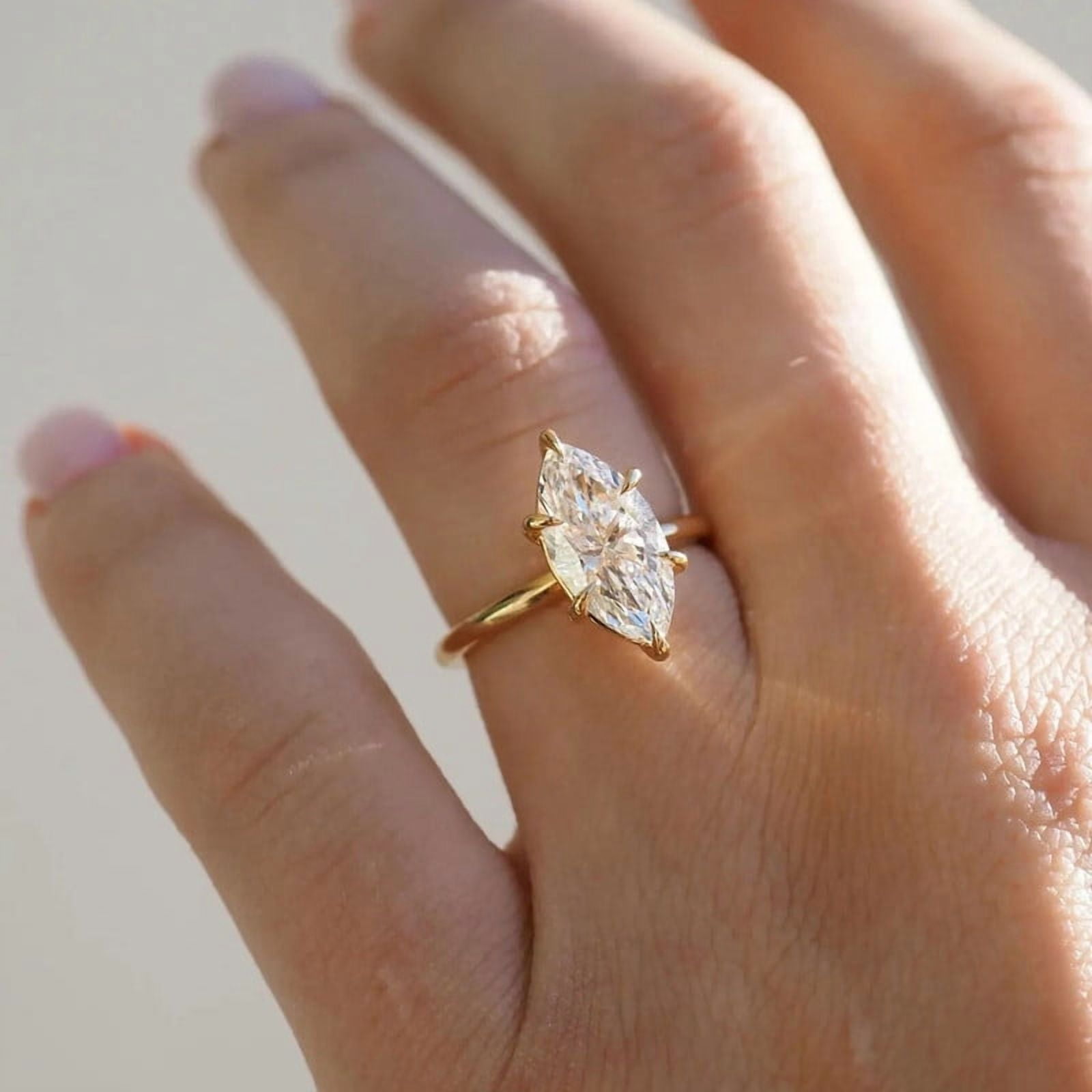Diiro Marquise Cut Moissanite Diamond Engagement Ring in Vermeil Yellow Gold, Solitaire Setting, Anniversary Wedding Promise Ring, Bridal Ring