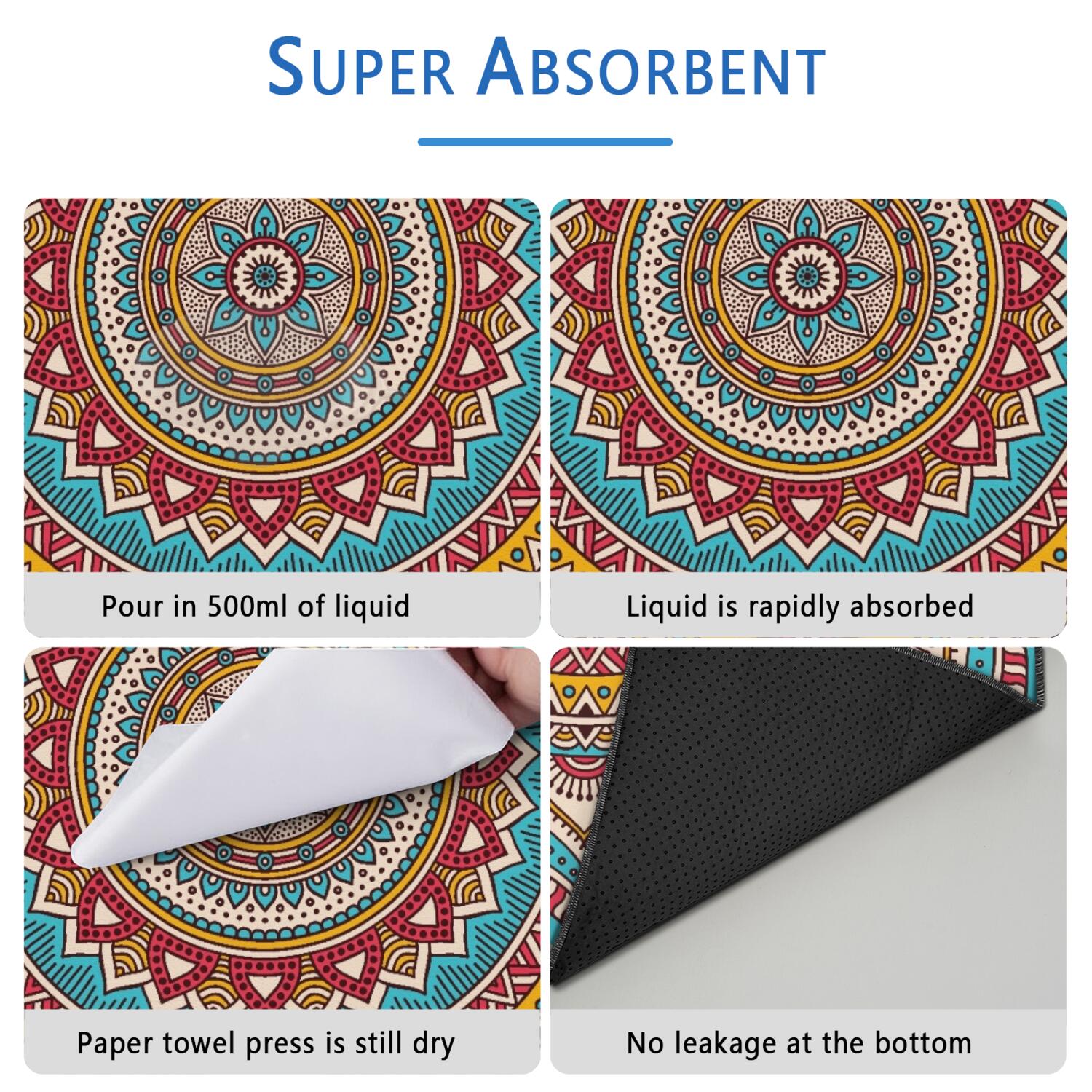 Washable Pee Pads for Small Dogs, 24" x35" Mandala Art, Reliable Potty Solution for Indoor Training, Strong Grip on Tile and Wood Floors.