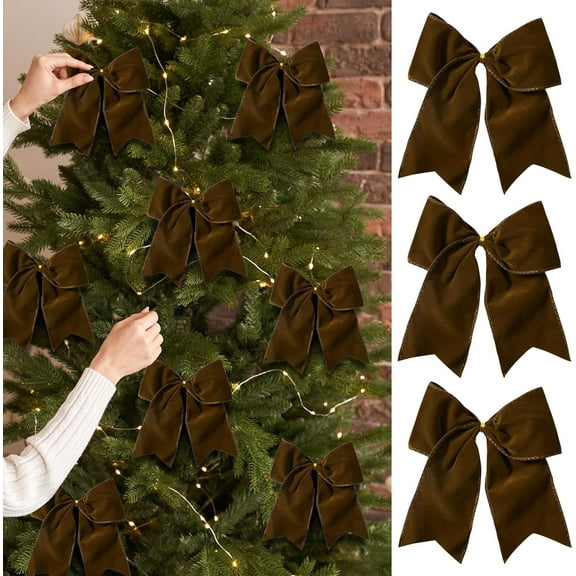 15 Pcs Velvet Bows for Christmas Tree - 6 Inch Vintage Velvet Ribbon Christmas Bows for Gift Wrapping Xmas Tree Topper Bow Ornaments for Garland Wreath Bows Decor (Brown) Brown
