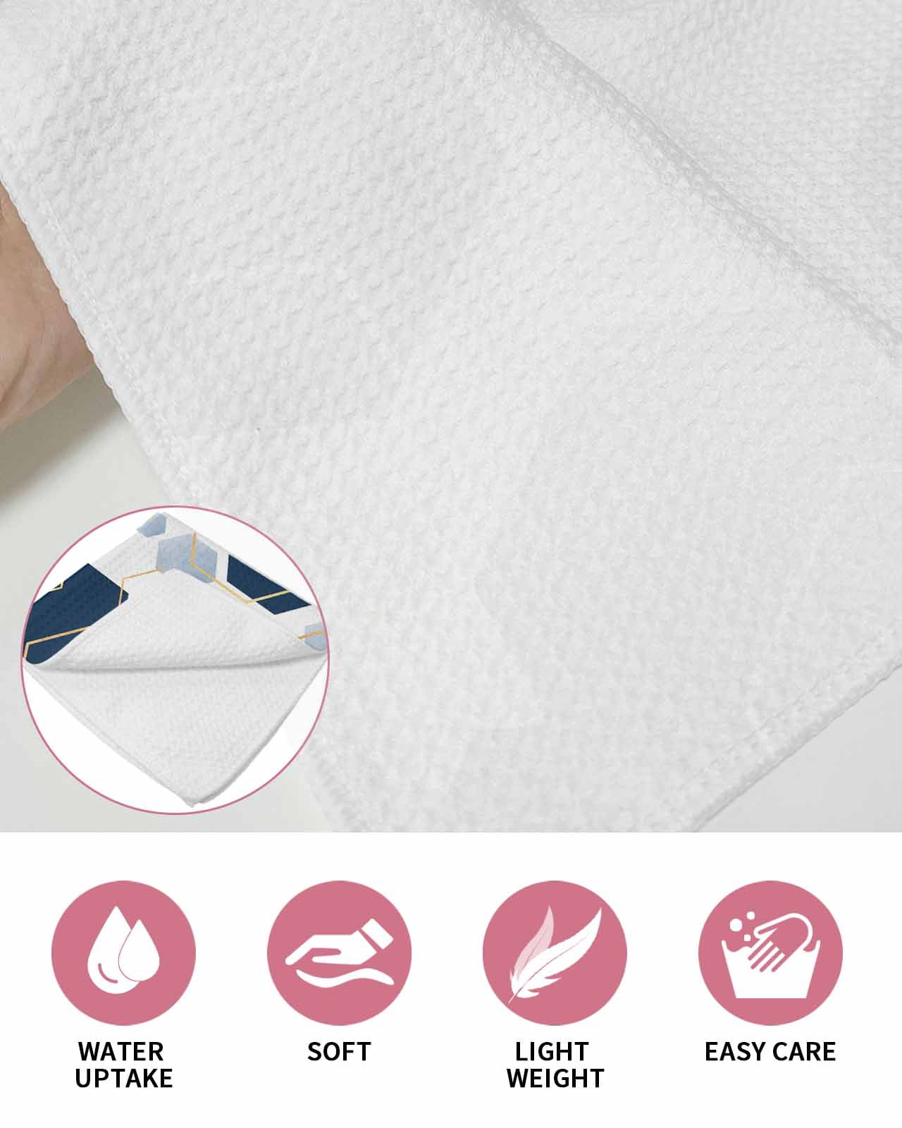 Navy Blue Marble Kitchen Dish Towels for Drying Dishes Set of 2, Gold White Geometric Hexagon Modern Waffle Weave Microfiber Hand Tea Bathroom Towels Quick Dry & Absorbent Towel 15.7x23.6