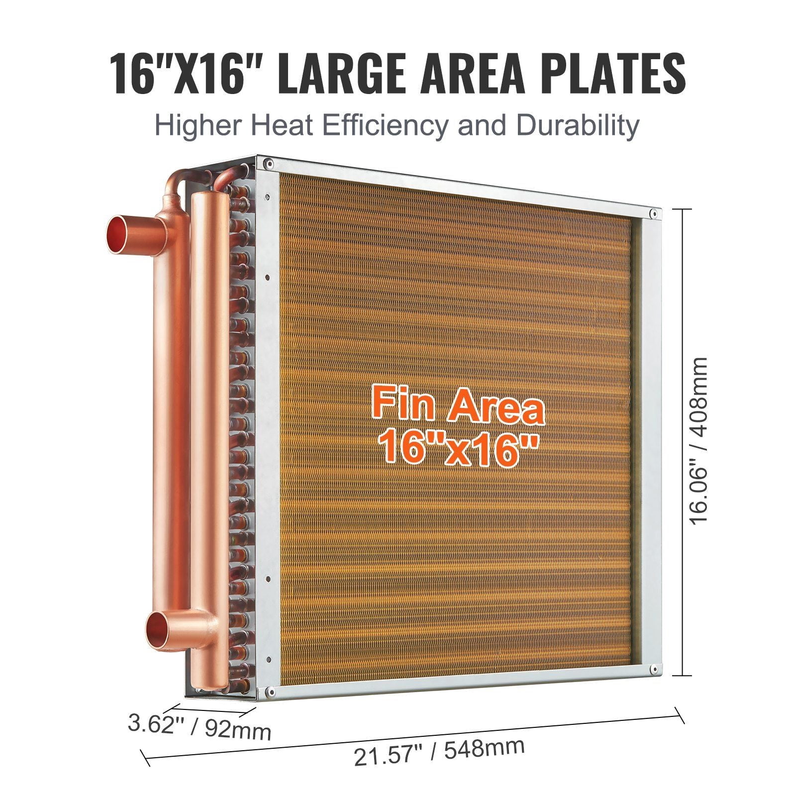 Heat Exchanger Water to Air, 16"x 16" with 3-Row 3/8" Copper Ports, 193 Aluminum Fins Heat Exchanger for Outdoor Wood Furnaces, Residential Heating and Cooling, and Forced Air Heating