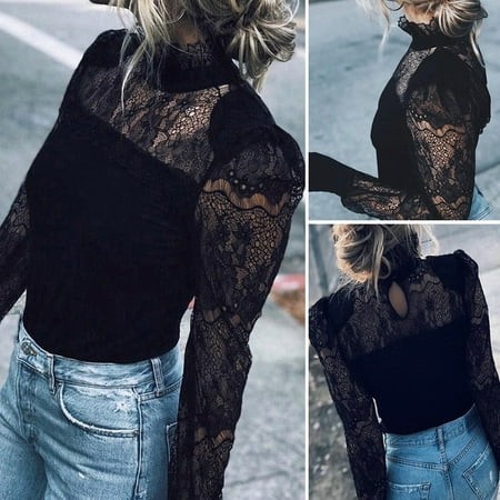 Lace Shift - Sexy Women's Long Sleeve Bodysuit Sheer Tops Floral Lace Blouse Shirt Top Blouse