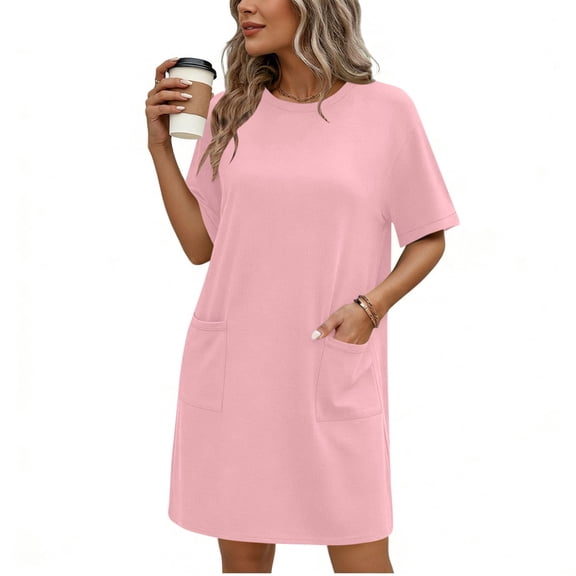 Elvqul Womens Summer Dresses Short Sleeve Mini Dresses Scoop Neck Pullover Plian Loose Pink Tank Dresses for Women