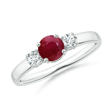 Estate Platinum Ruby - July Birthstone Ring - Classic Ruby and Diamond Three Stone Engagement Ring in Platinum (5mm Ruby) - SR0160R-PT-A-5-7
