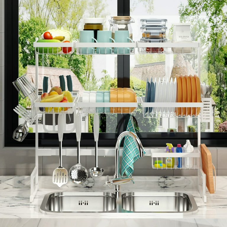 Over Sink Dish Drying Rack (34-45) 3 Tier, 2 Cutlery Holders