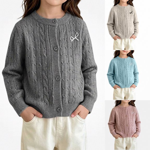Afuyipoi Girls Cable Knit 100% Cotton Button Front Cardigan Sweater with Bow Embroidery for Kids Size 2-10Y Spring Wear Gray Size 3T